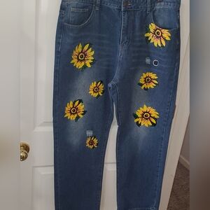 refuge Blue Straight-Leg Jeans with Yellow Sunflower Appliqués